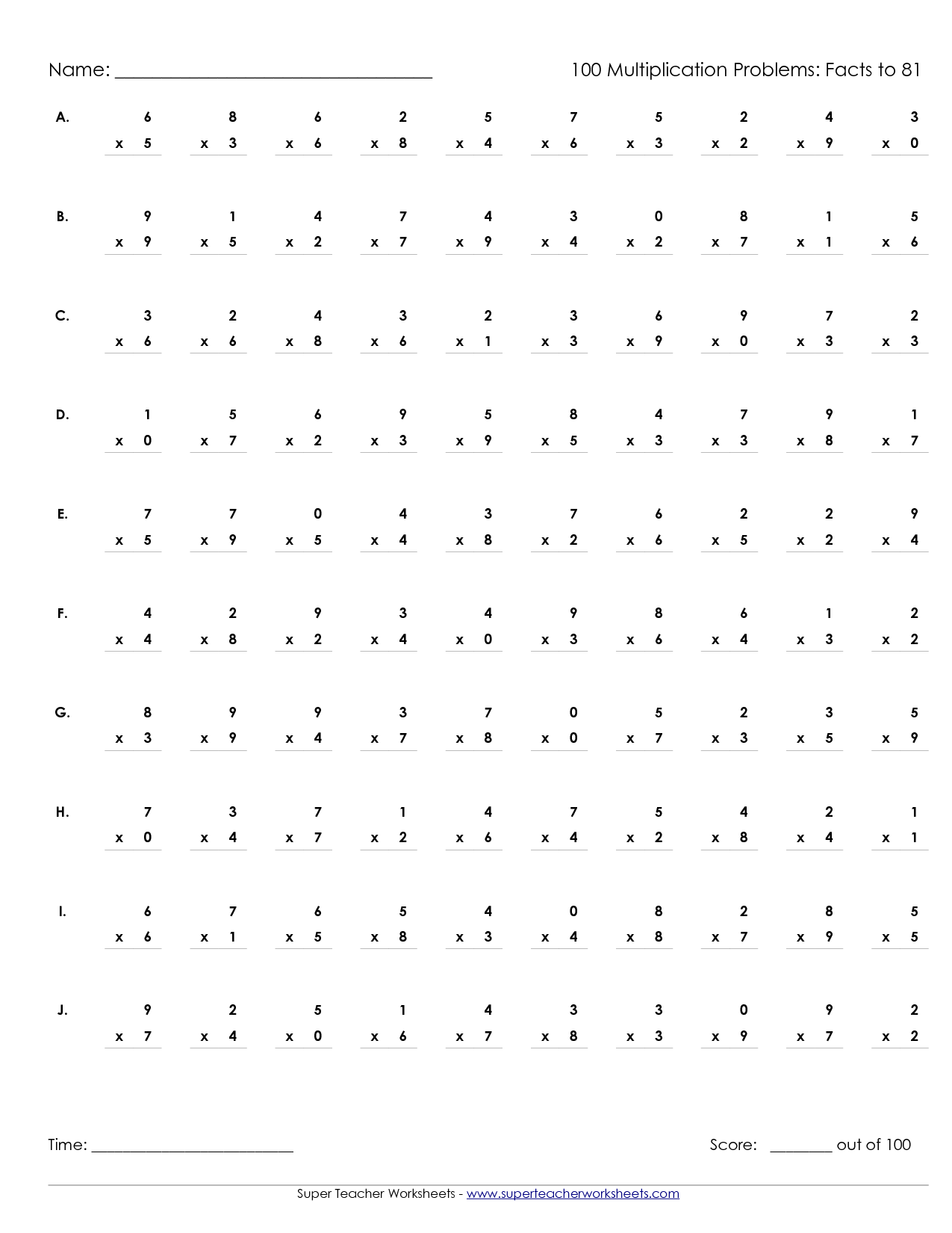 Printable Multiplication Worksheets 100 Problems Image