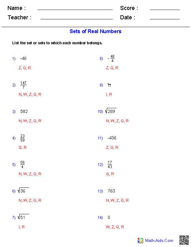 Sets of Real Numbers Worksheet Image