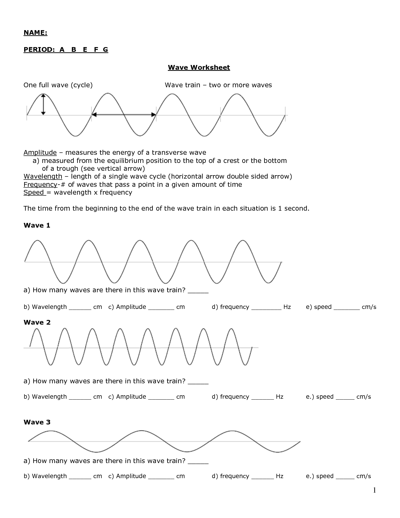 Waves Worksheets With Regard To Waves Worksheet 1 Answers
