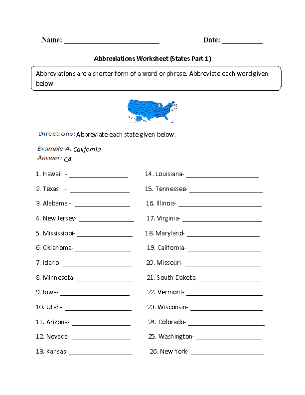 State Abbreviations Worksheet Image