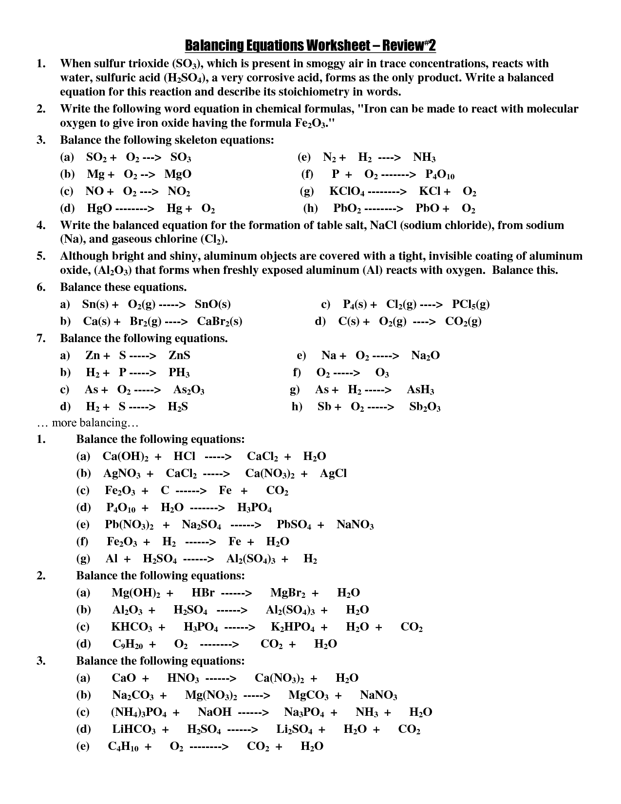Balancing Chemical Word Equations Worksheet