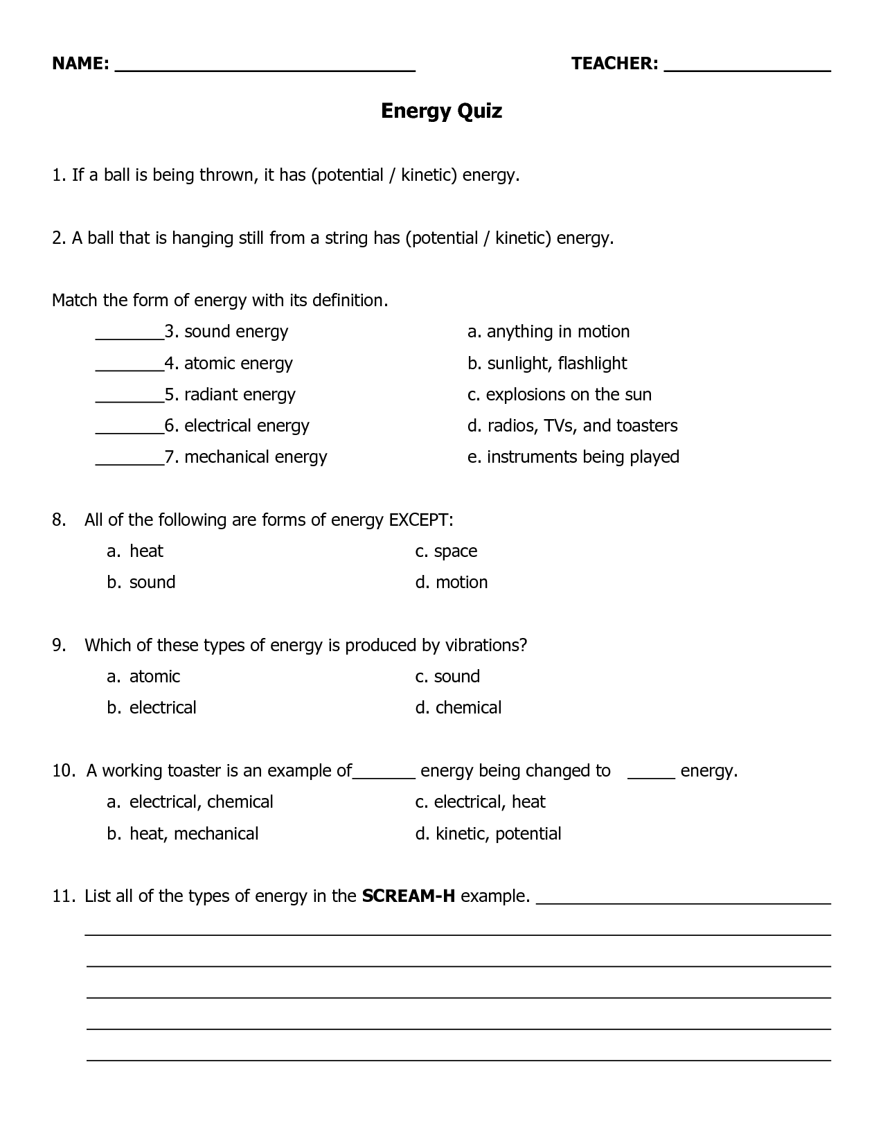 Forms of Energy Printable Worksheets