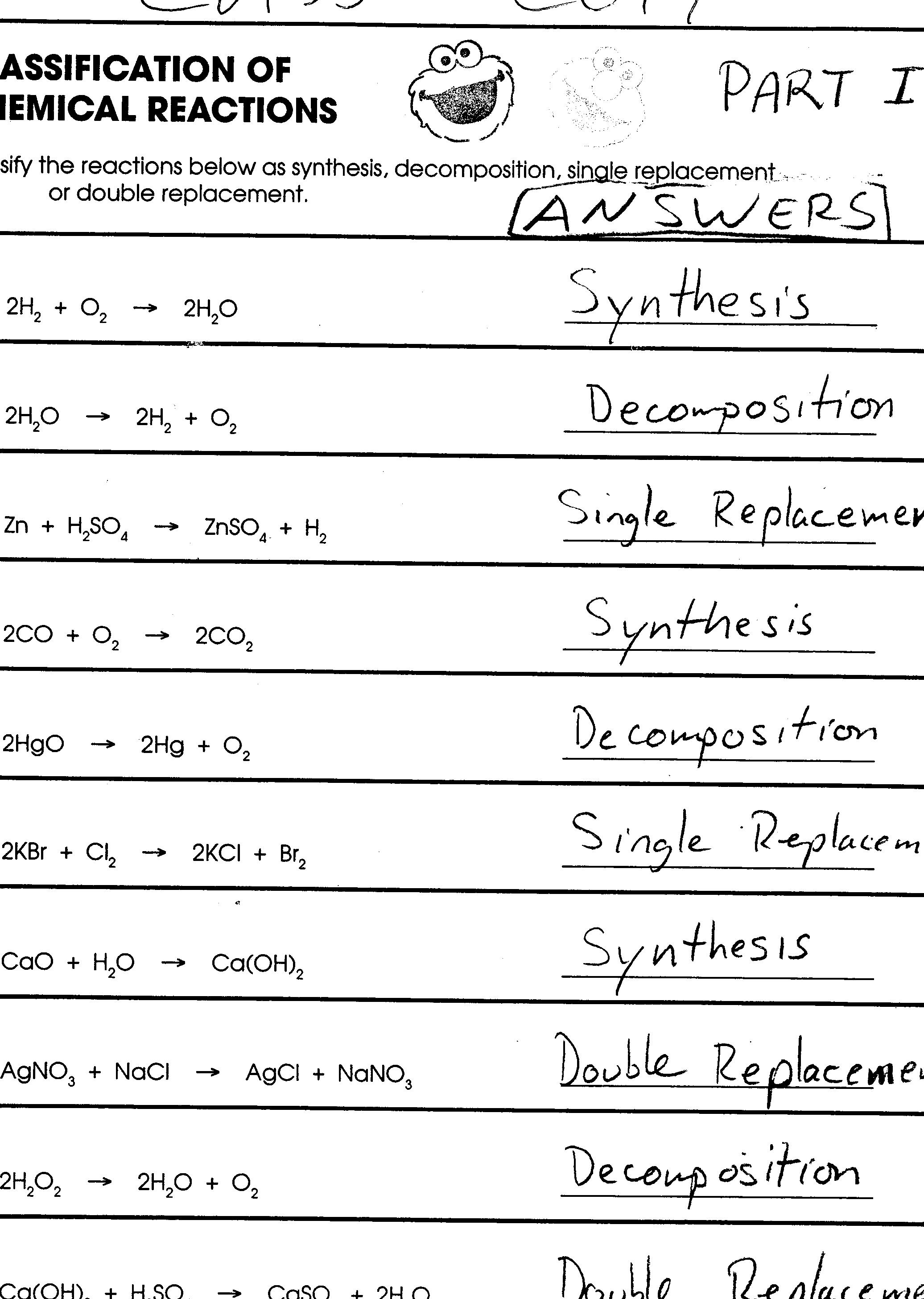 Chemical Reactions Review Worksheet Answer Key