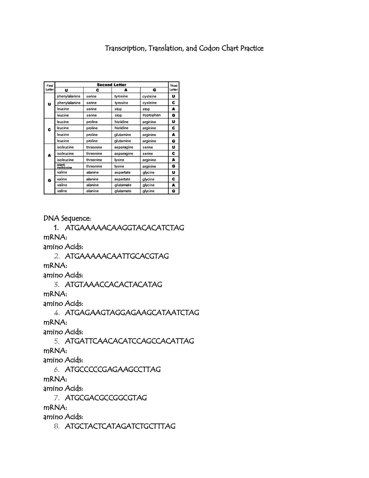 DNA Transcription and Translation Worksheet Image
