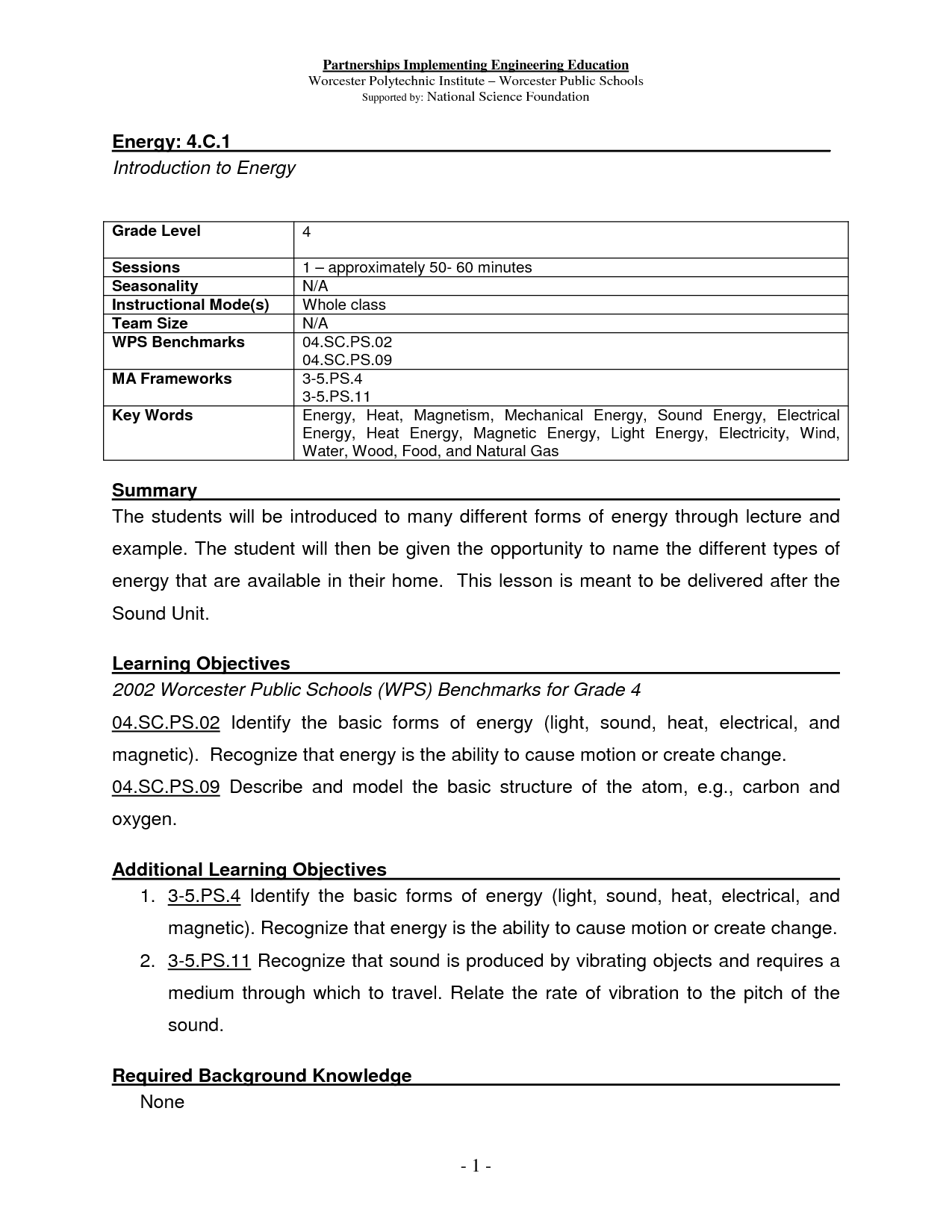 Energy Forms Worksheets