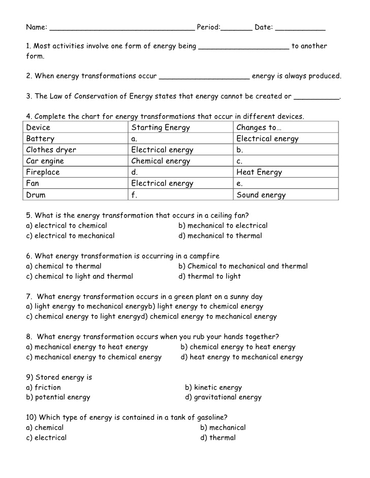 Energy Transformation Worksheet Answers