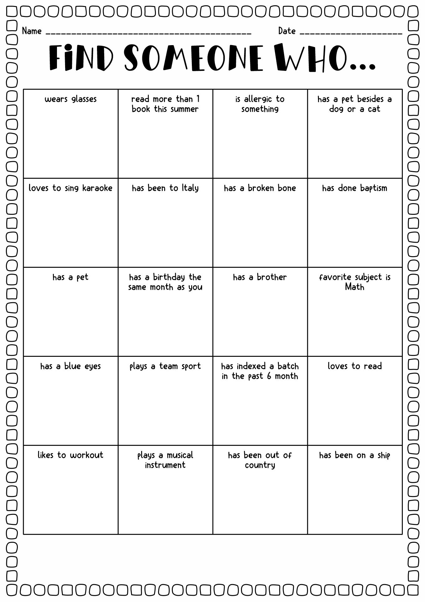 Getting to Know You Scavenger Hunt Worksheet