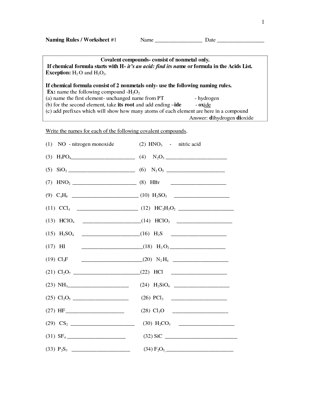 Naming And Writing Formulas For Covalent Compounds Worksheet Answer Key