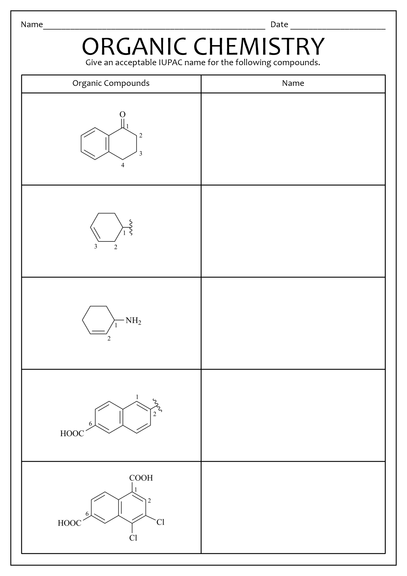Organic Chemistry Nomenclature Worksheet