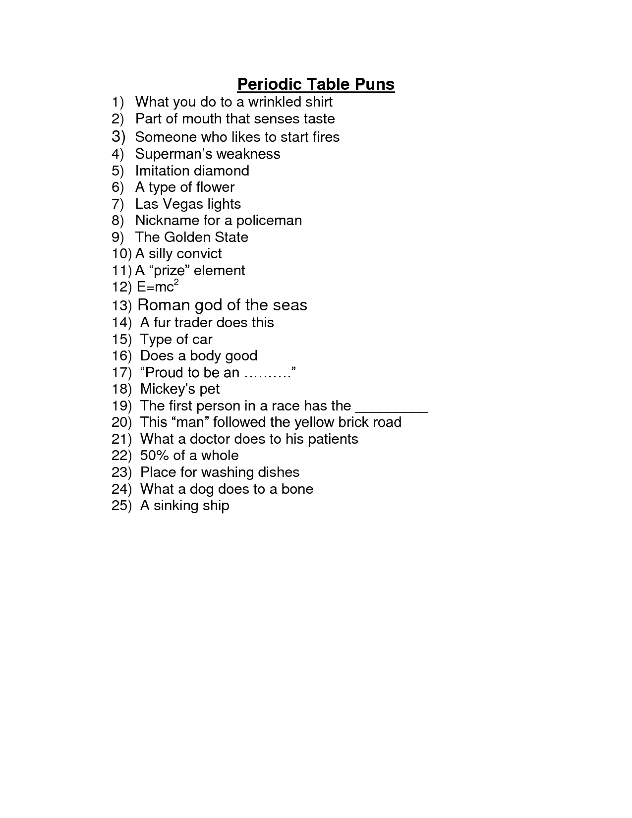 Periodic Table Puns Worksheet Answers