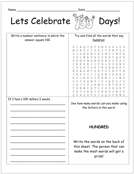 Printable 100th Day of School Activities Image
