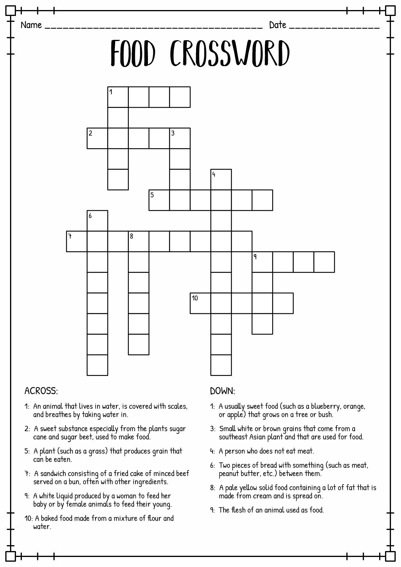 Printable Food Crossword Worksheet