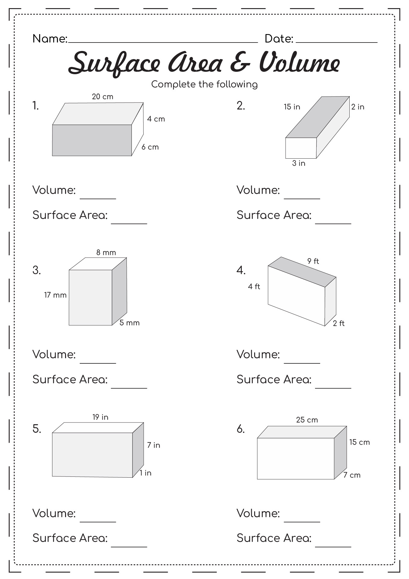 Surface Area and Volume Worksheets Grade 6