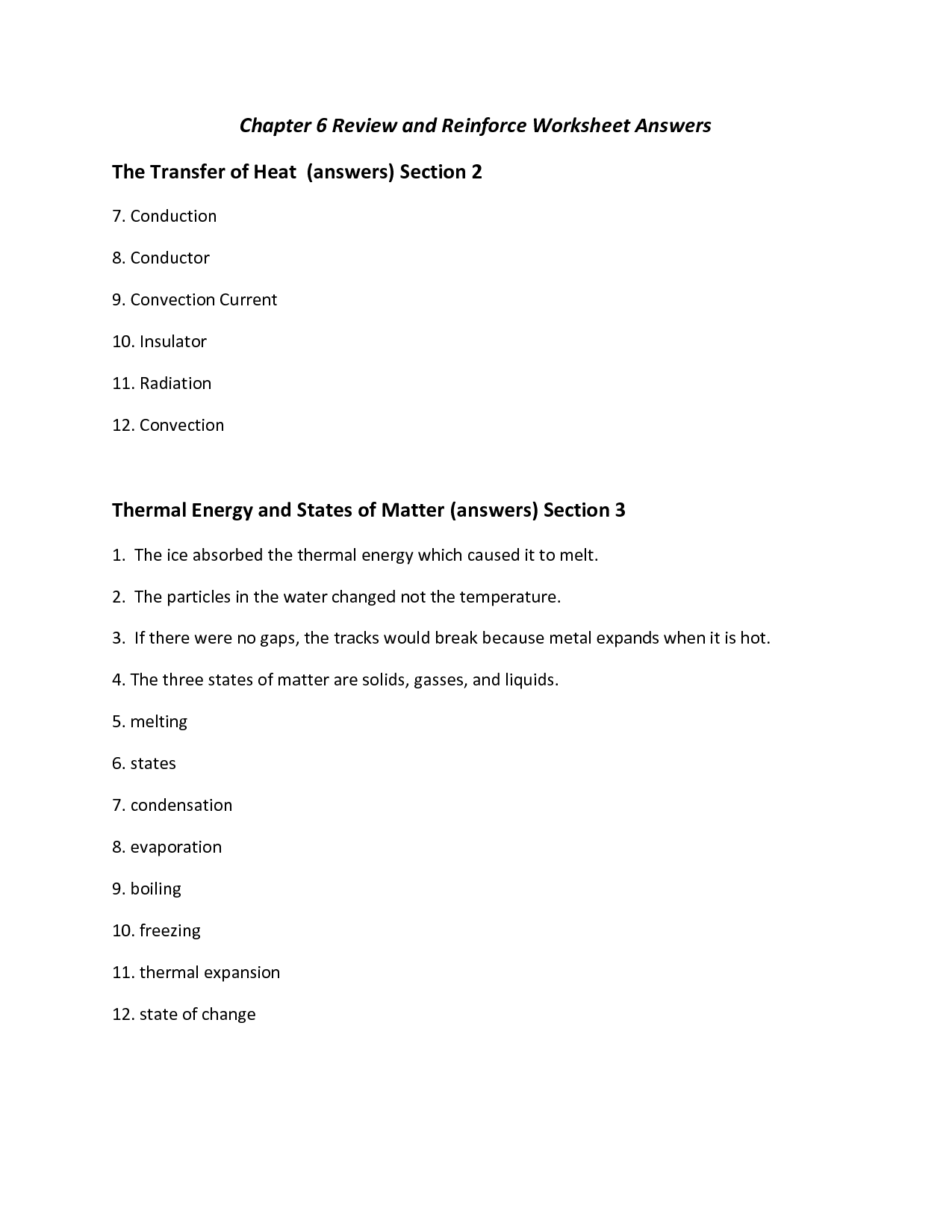 Thermal Energy Transfer Worksheet and Answers