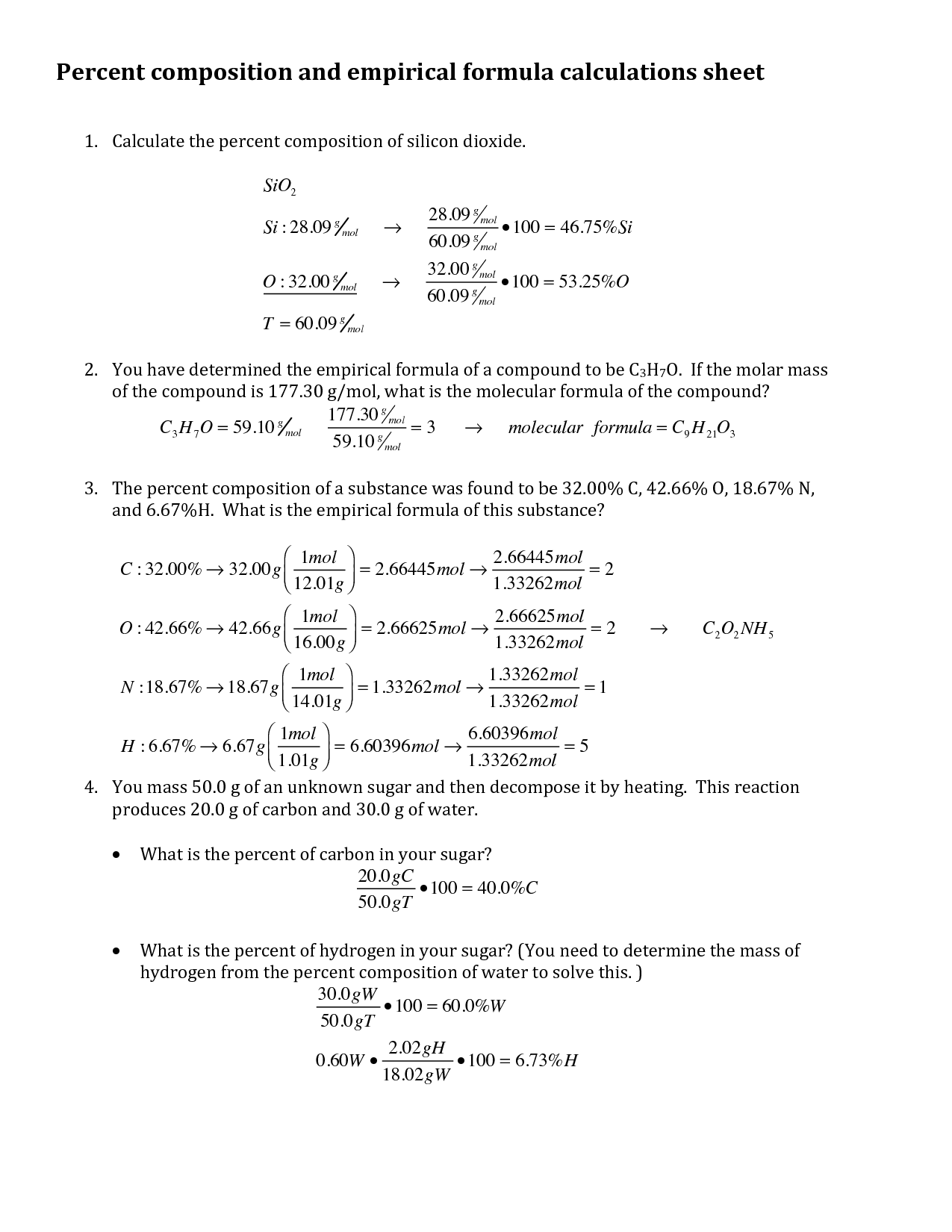 Worksheets Calculating Percent Composition Chemistry Image