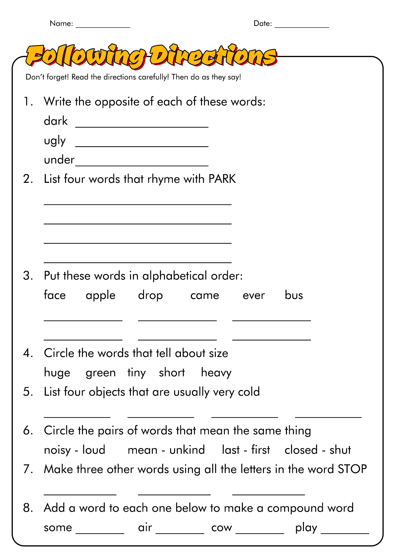 1st Grade Following Directions Worksheets