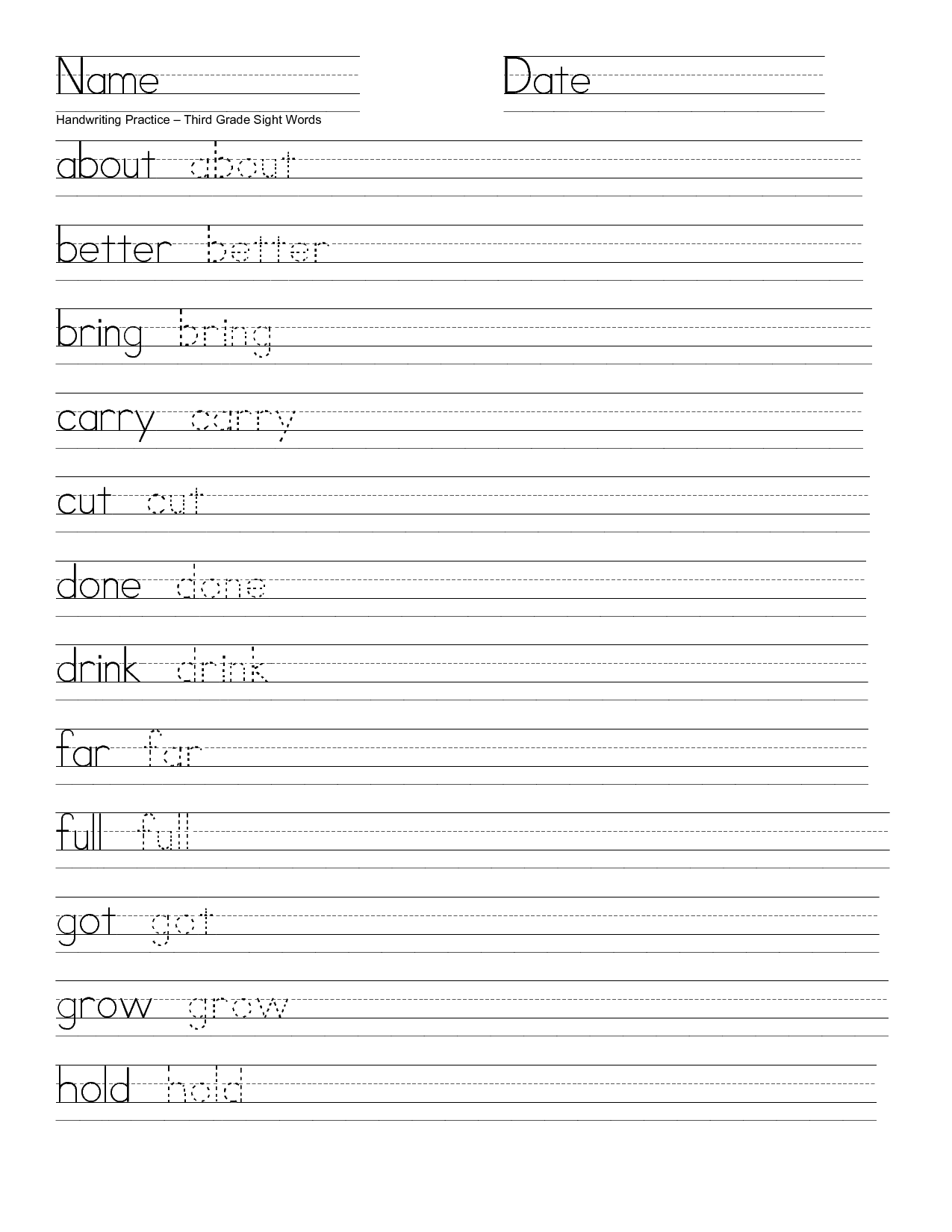 1st Grade Sight Word Handwriting Practice Worksheets Image