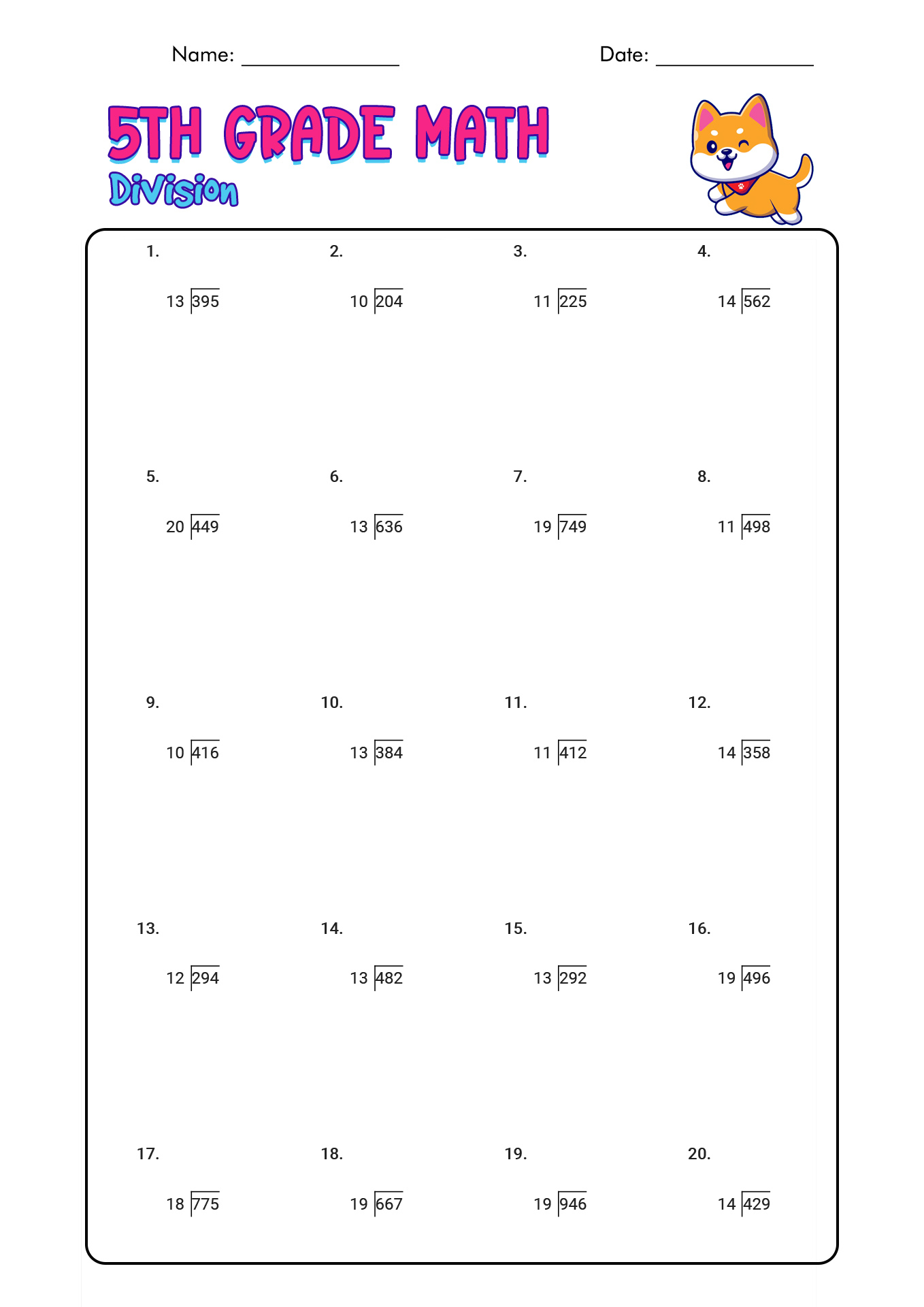 5th Grade Division Math Worksheets Printable