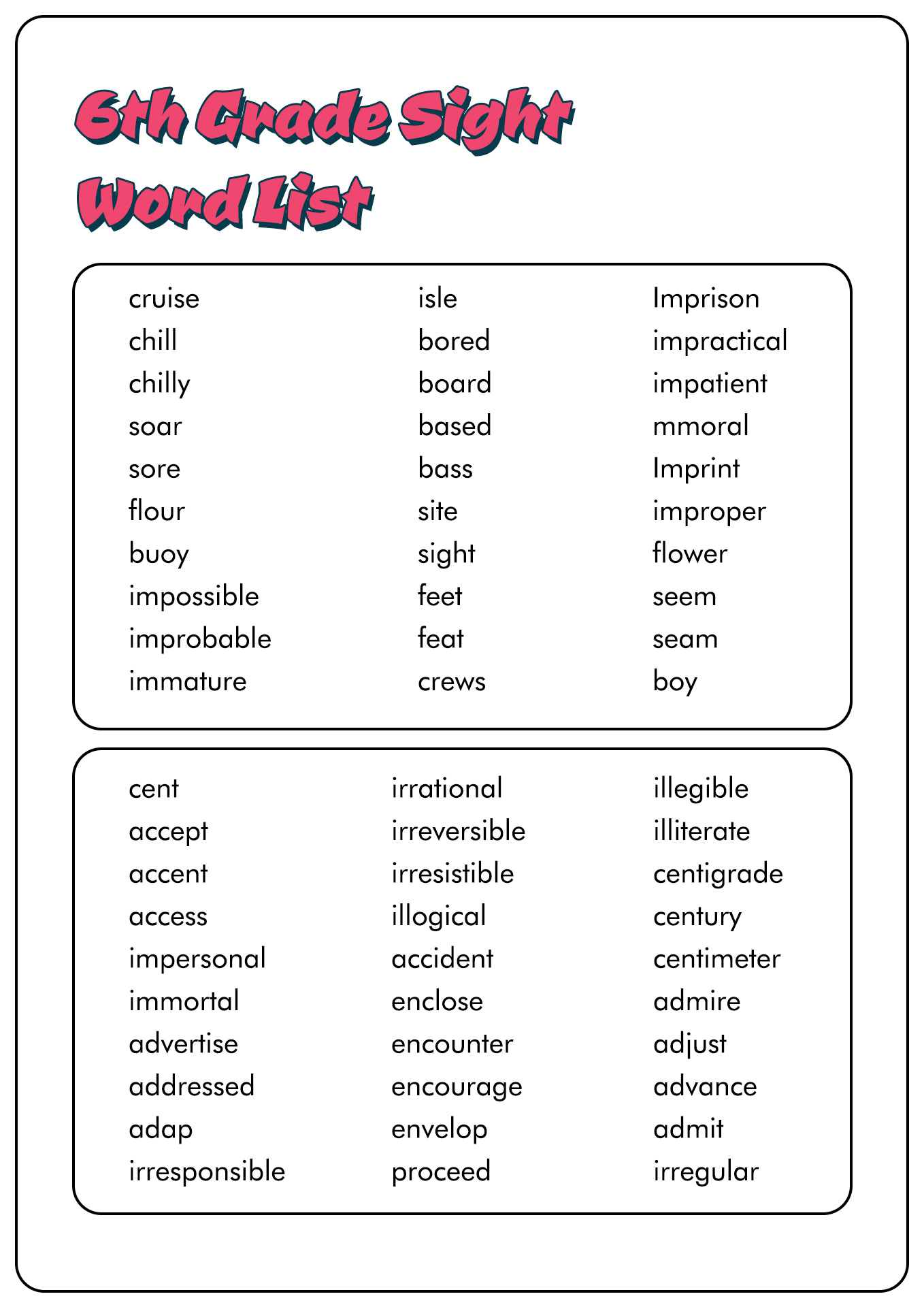 6th Grade Sight Word List Image
