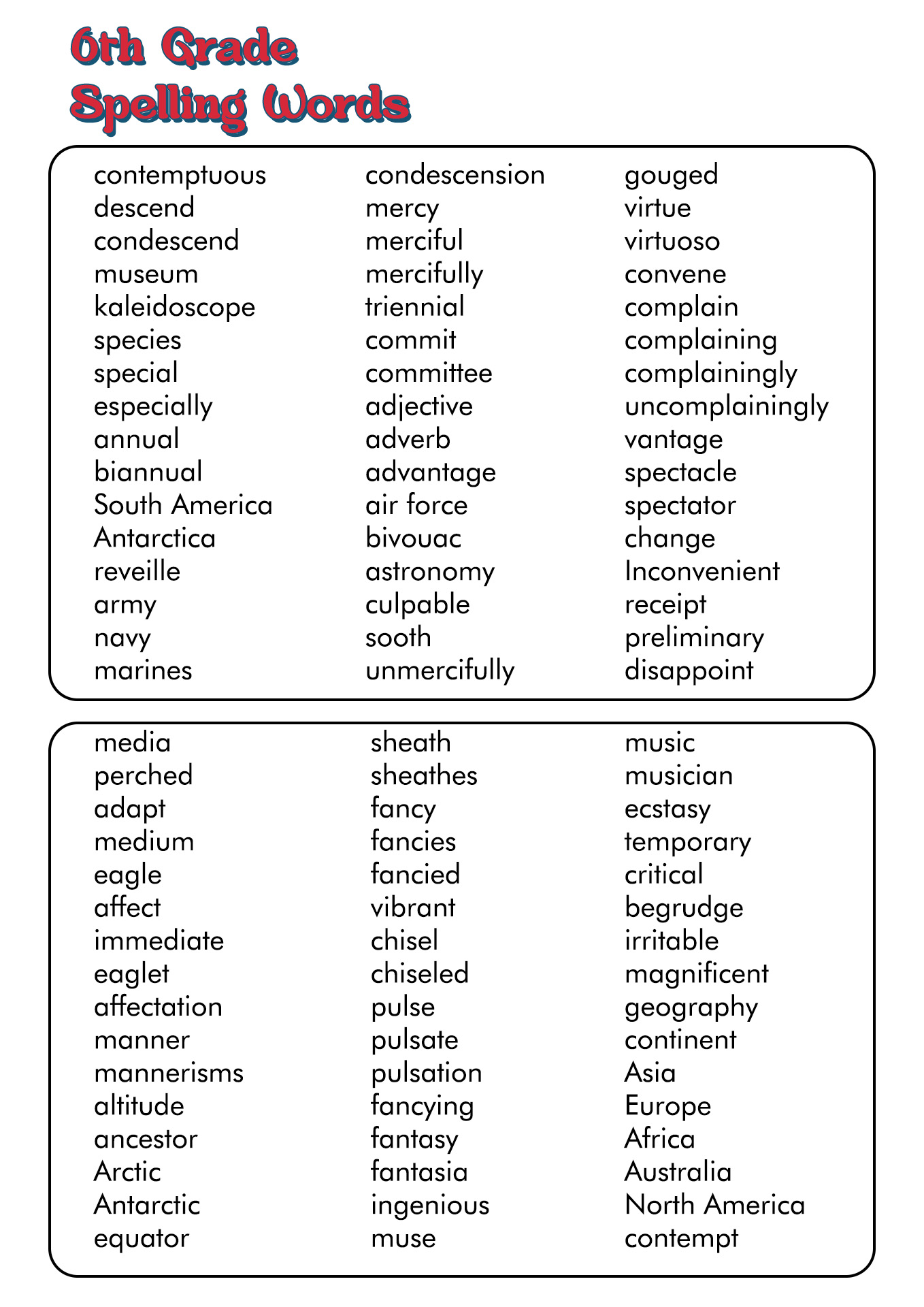 6th Grade Spelling List Worksheet Image