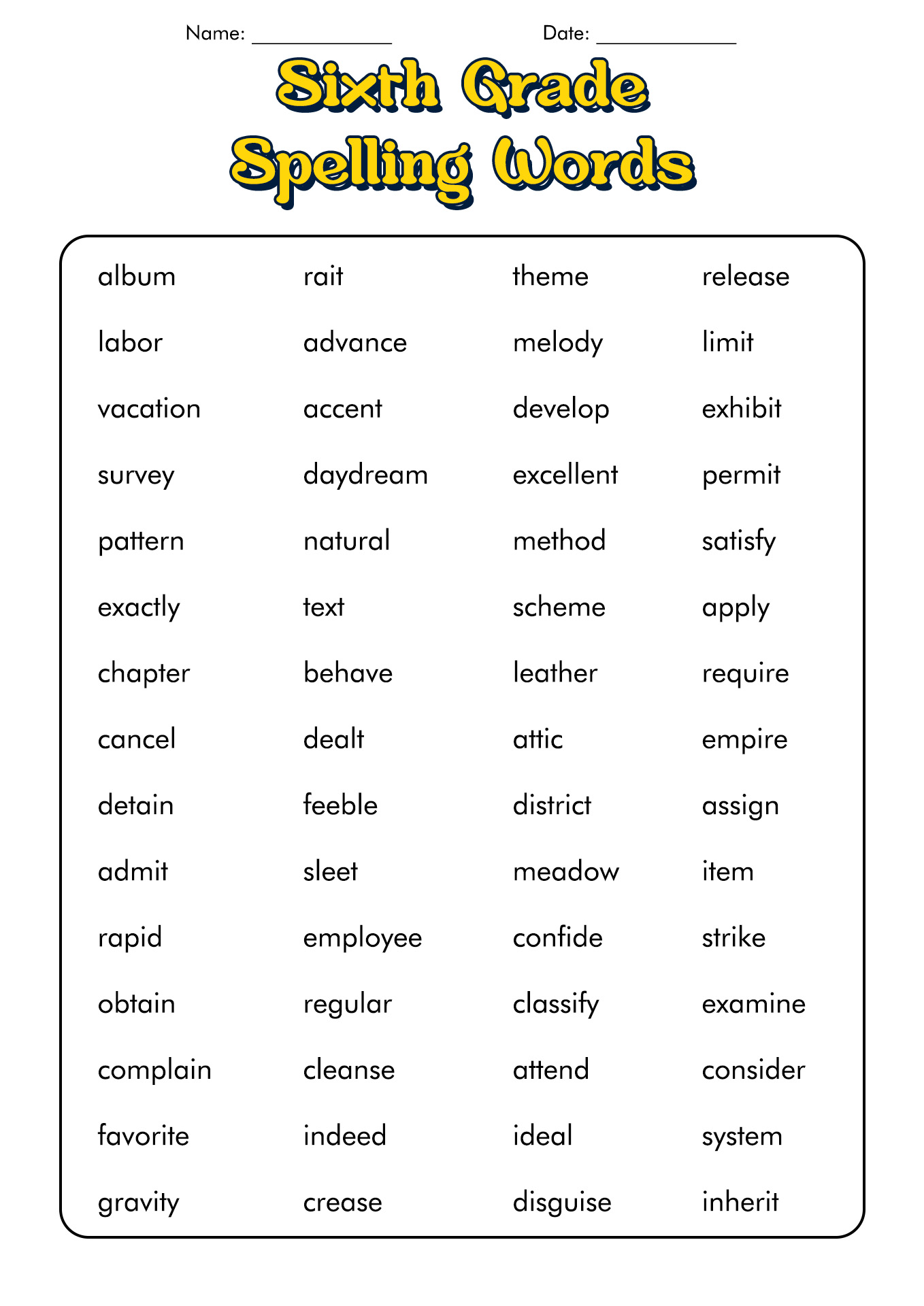 6th Grade Spelling Word Lists