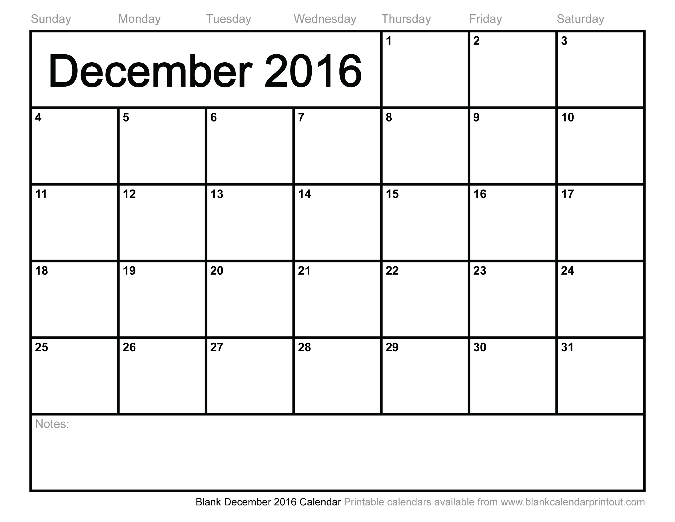 Blank December Calendar 2016 Image