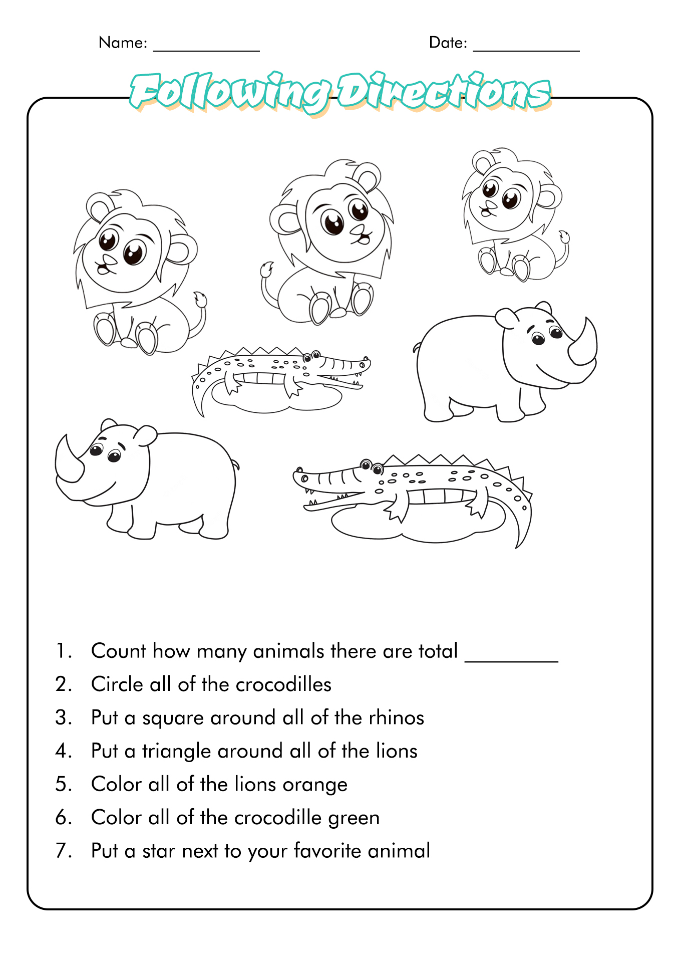 Following Directions Worksheets