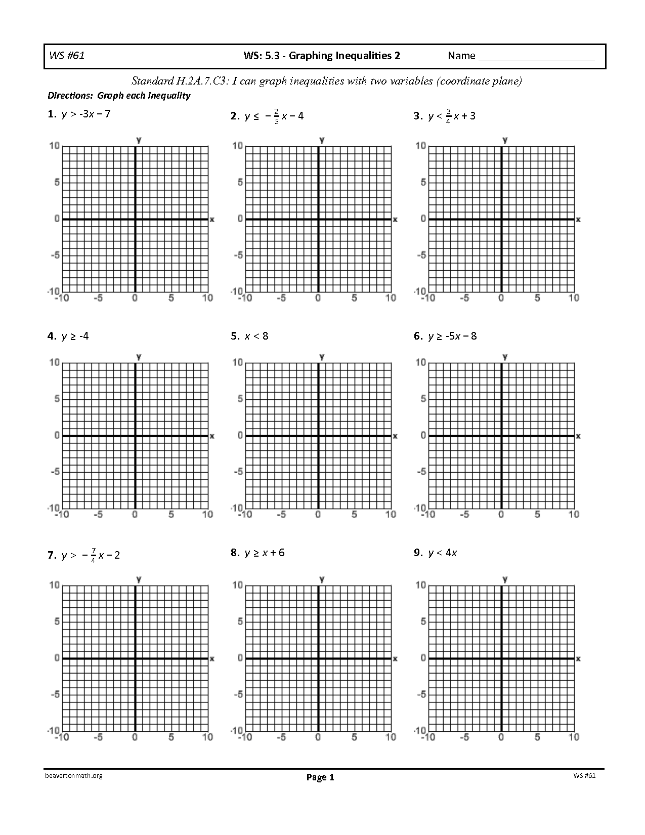 Graphing Inequalities On a Coordinate Plane Worksheet Image
