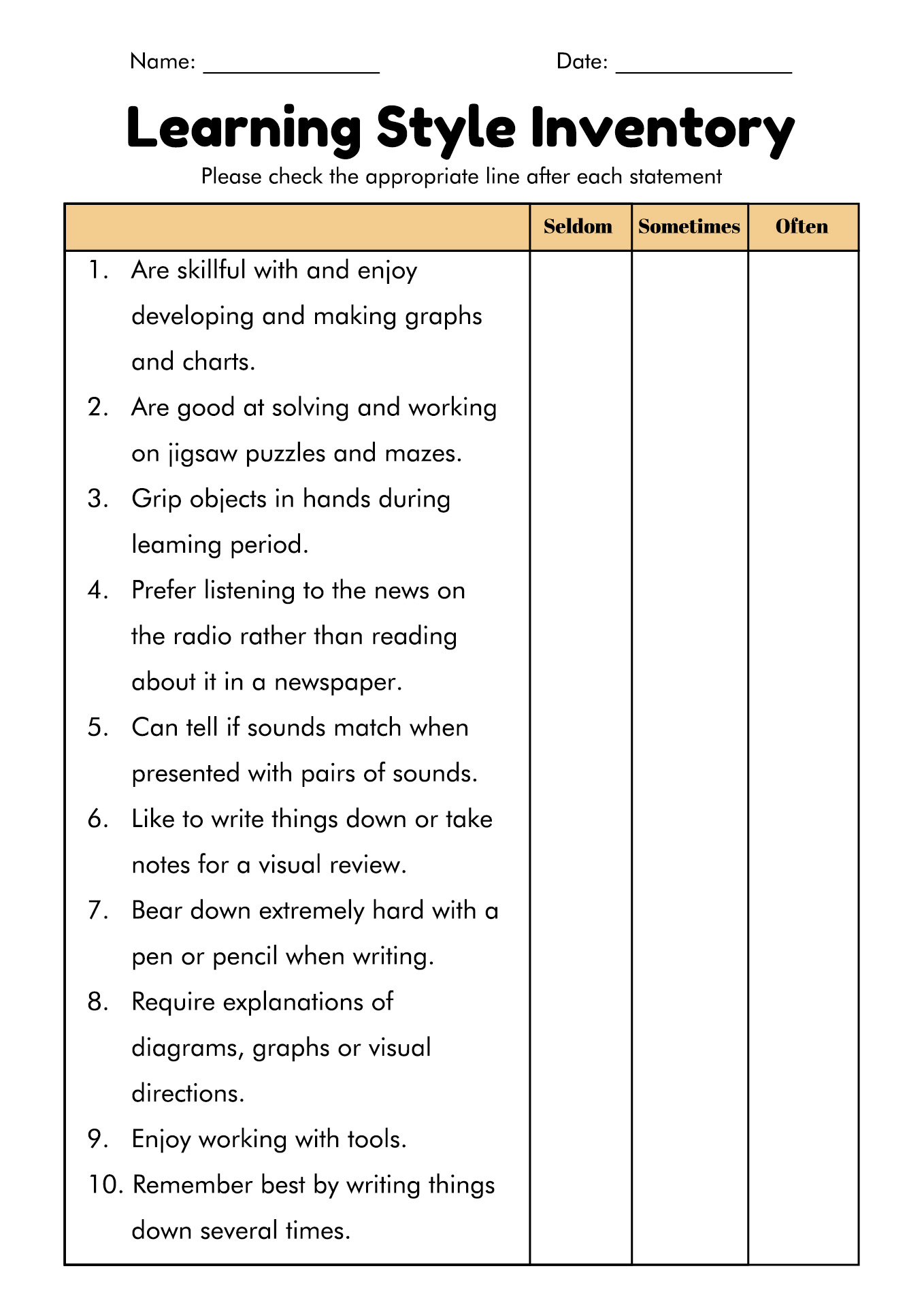 Learning Styles Inventory Printable