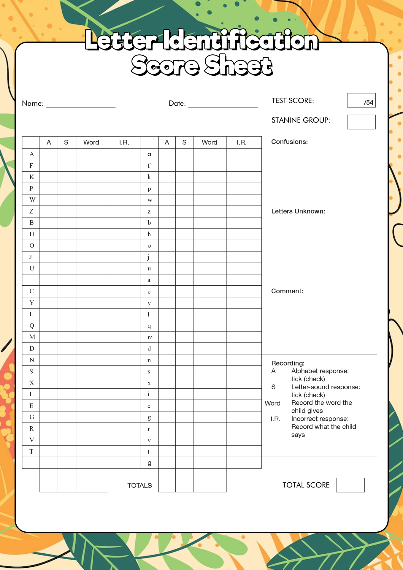 Marie Clay Letter Identification Scoresheet Image