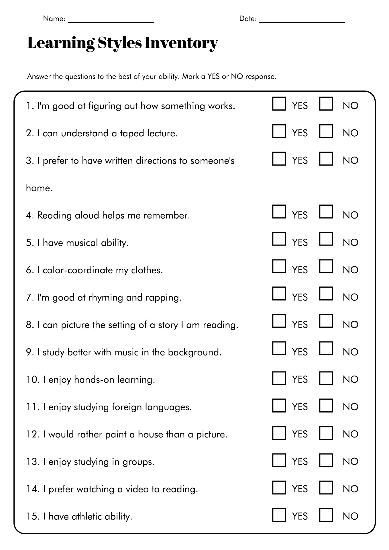 Printable Learning Styles Questionnaire