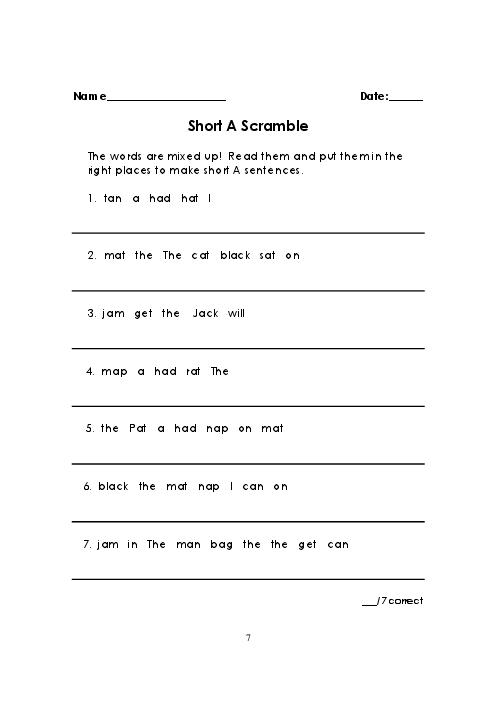 Short-Vowel Sentences Worksheets Image