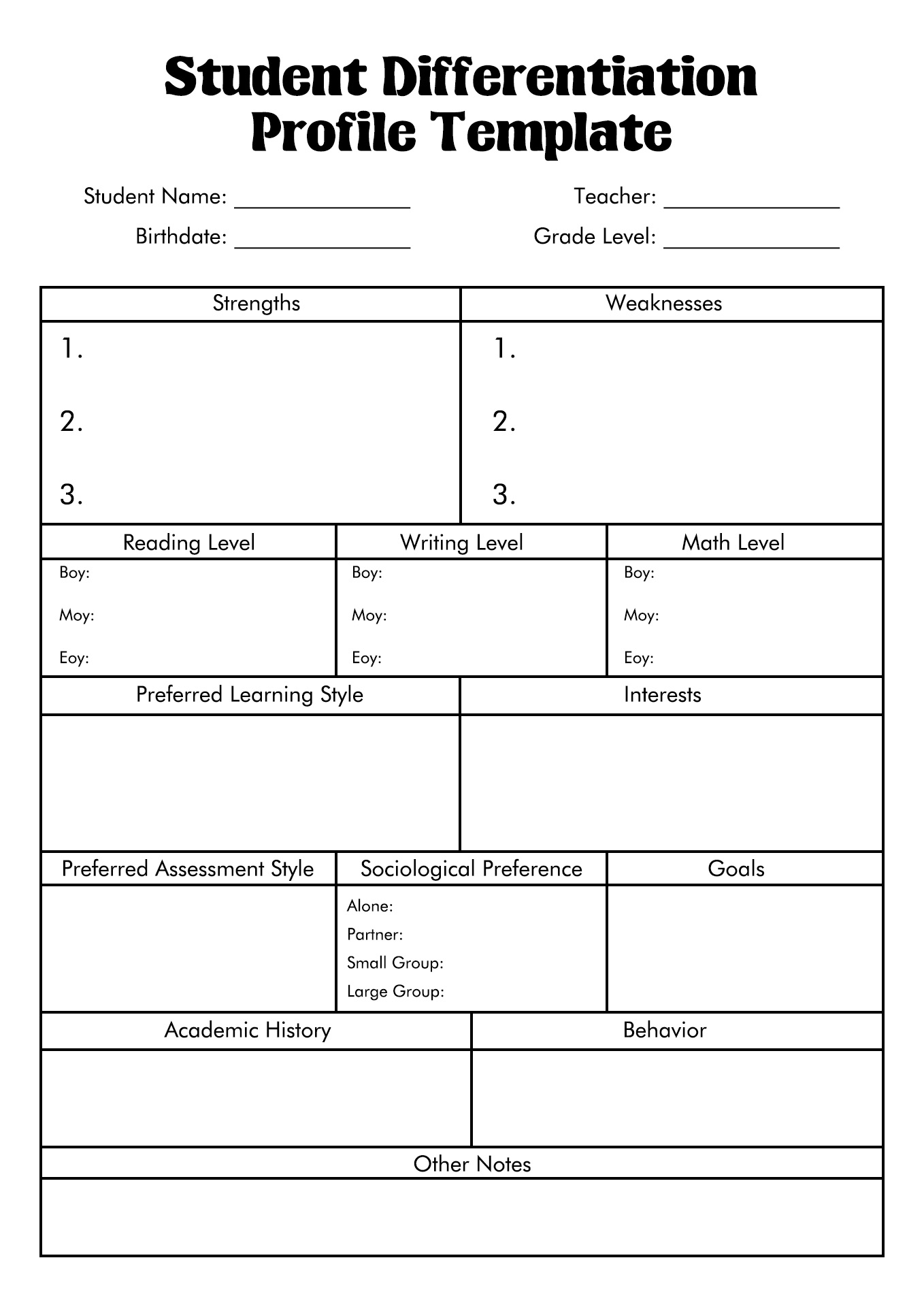 Student Learning Profile Templates