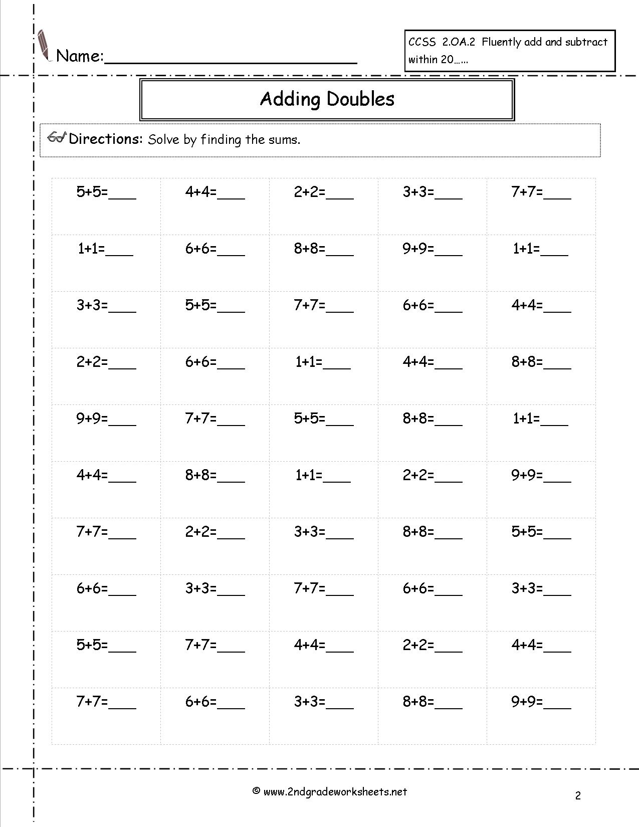 Addition Math Facts Worksheets 2nd Grade Image
