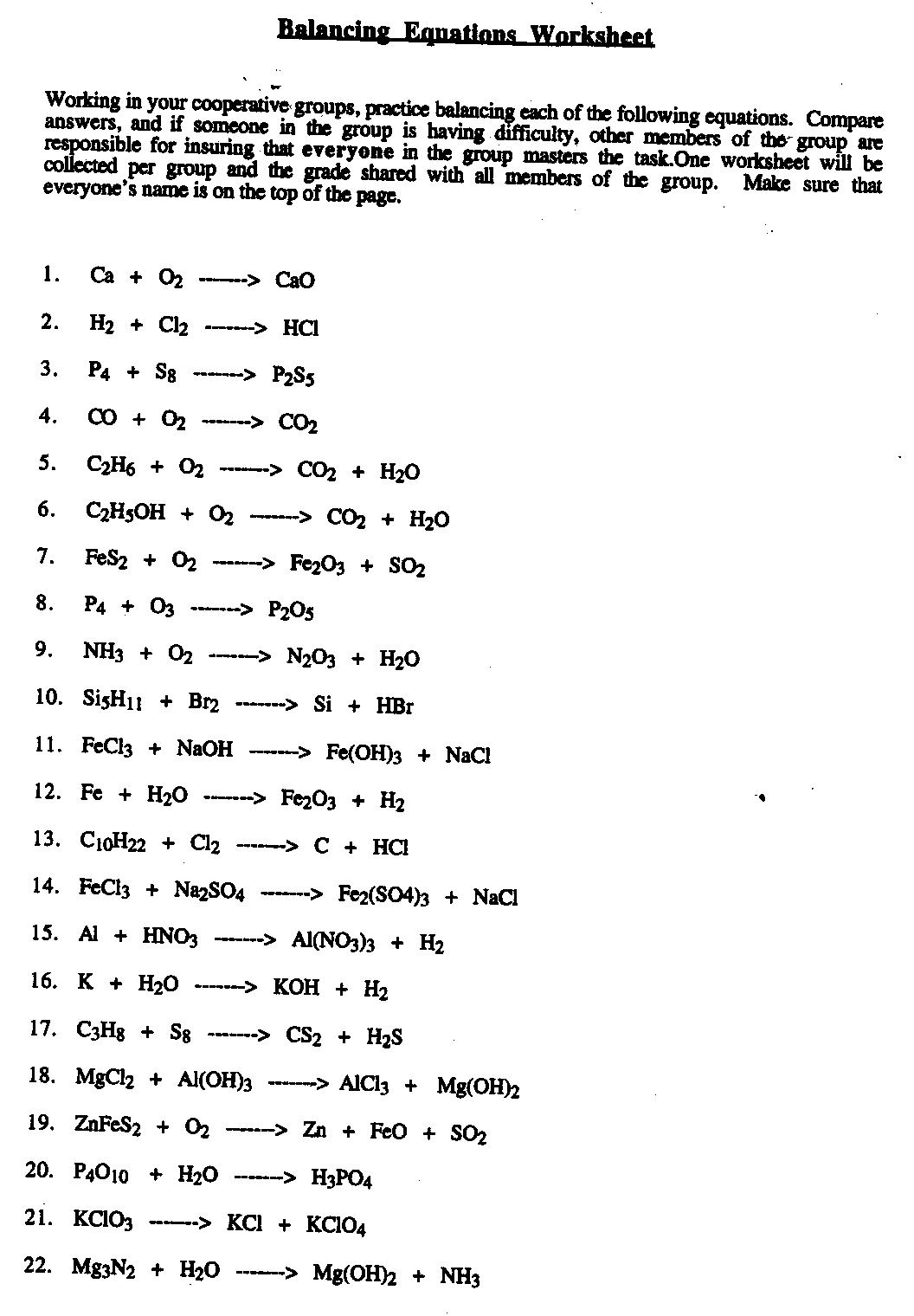 Balancing Chemical Equations Worksheet Answer Key Image