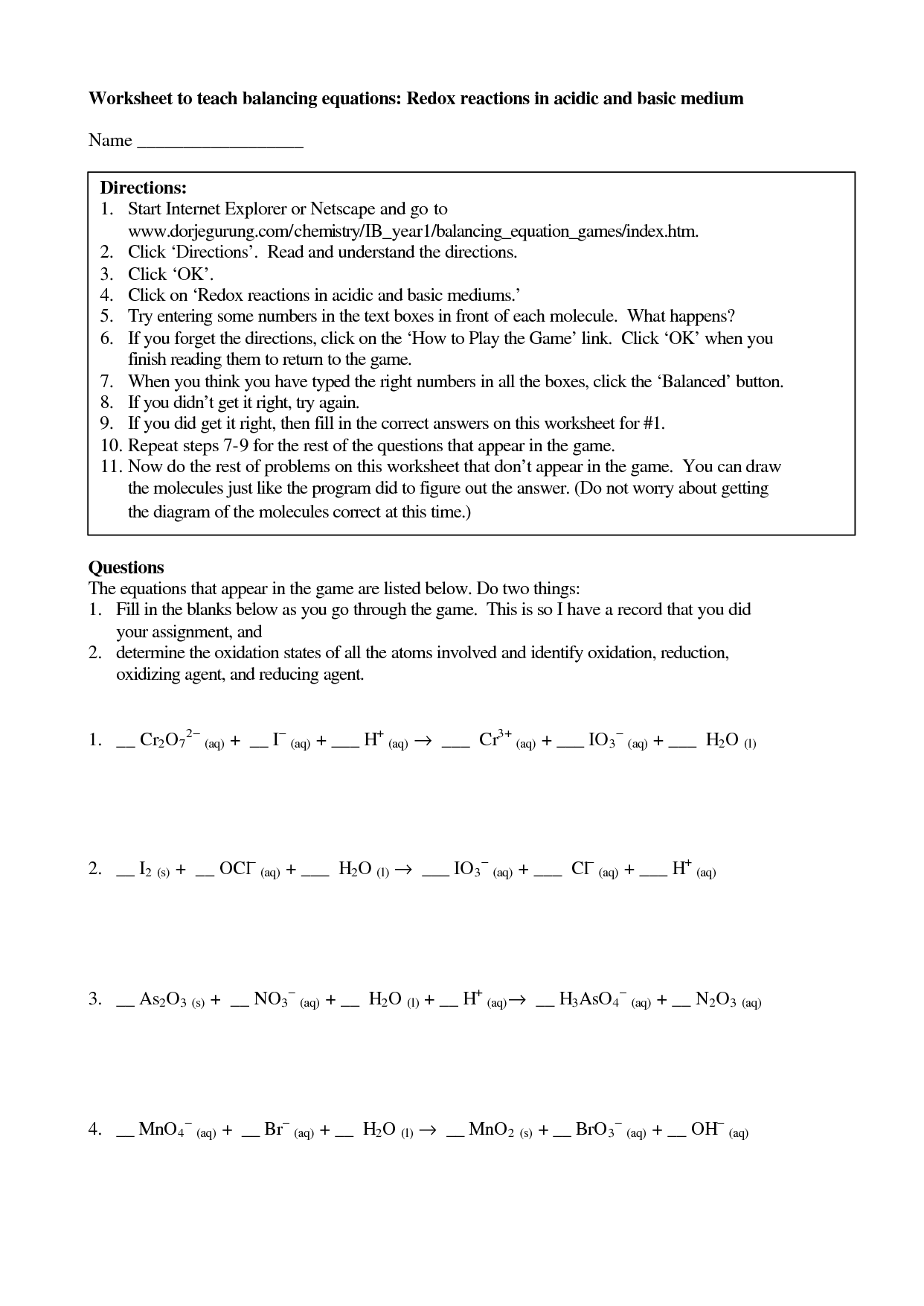 7 Best Images of Basic Chemical Reactions Worksheet - Balancing Redox ...