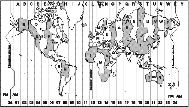 Black and White Printable Time Zone Map Image