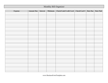 Free Monthly Bill Organizer Template Image