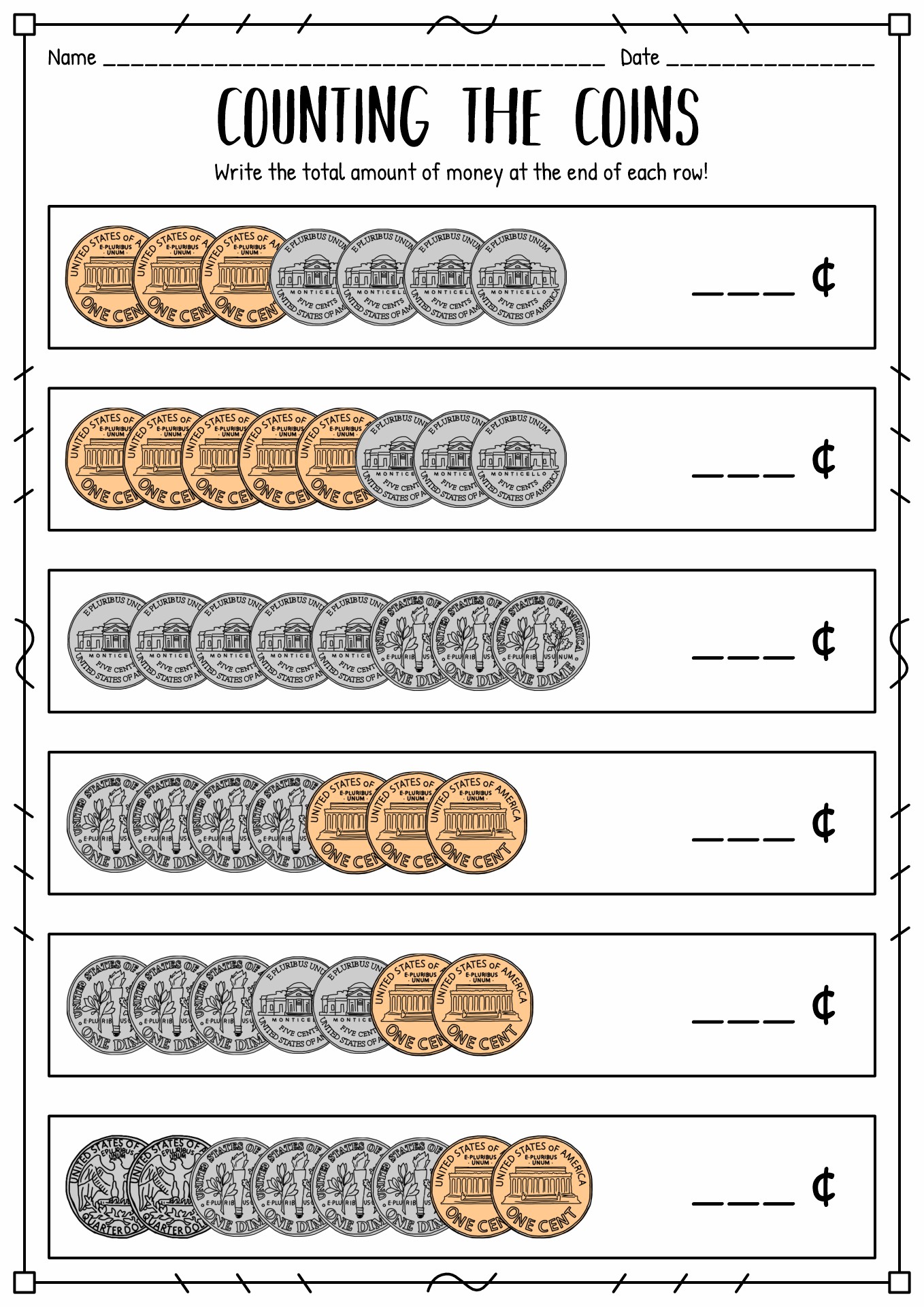 Front and Back Coin Worksheets for 2nd Grade
