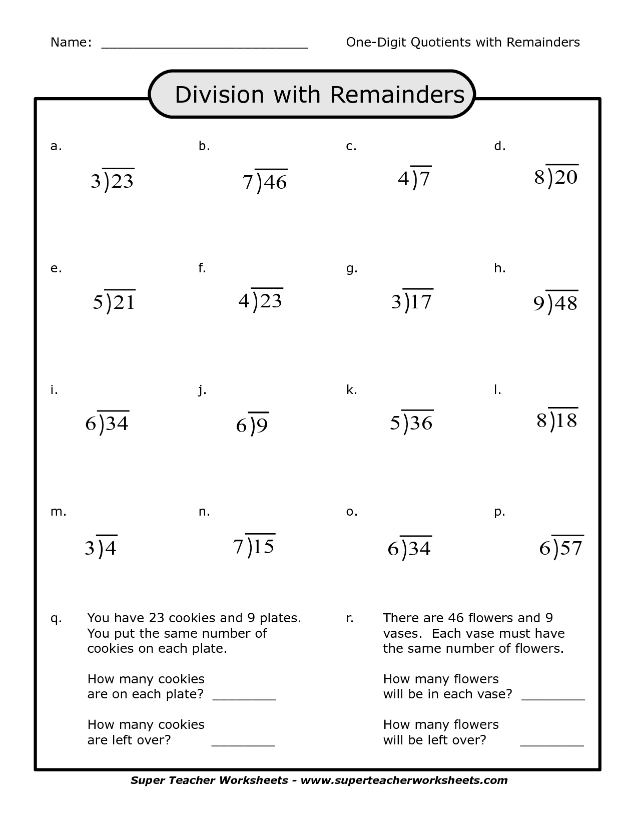 Long Division Problems with Remainders Worksheets