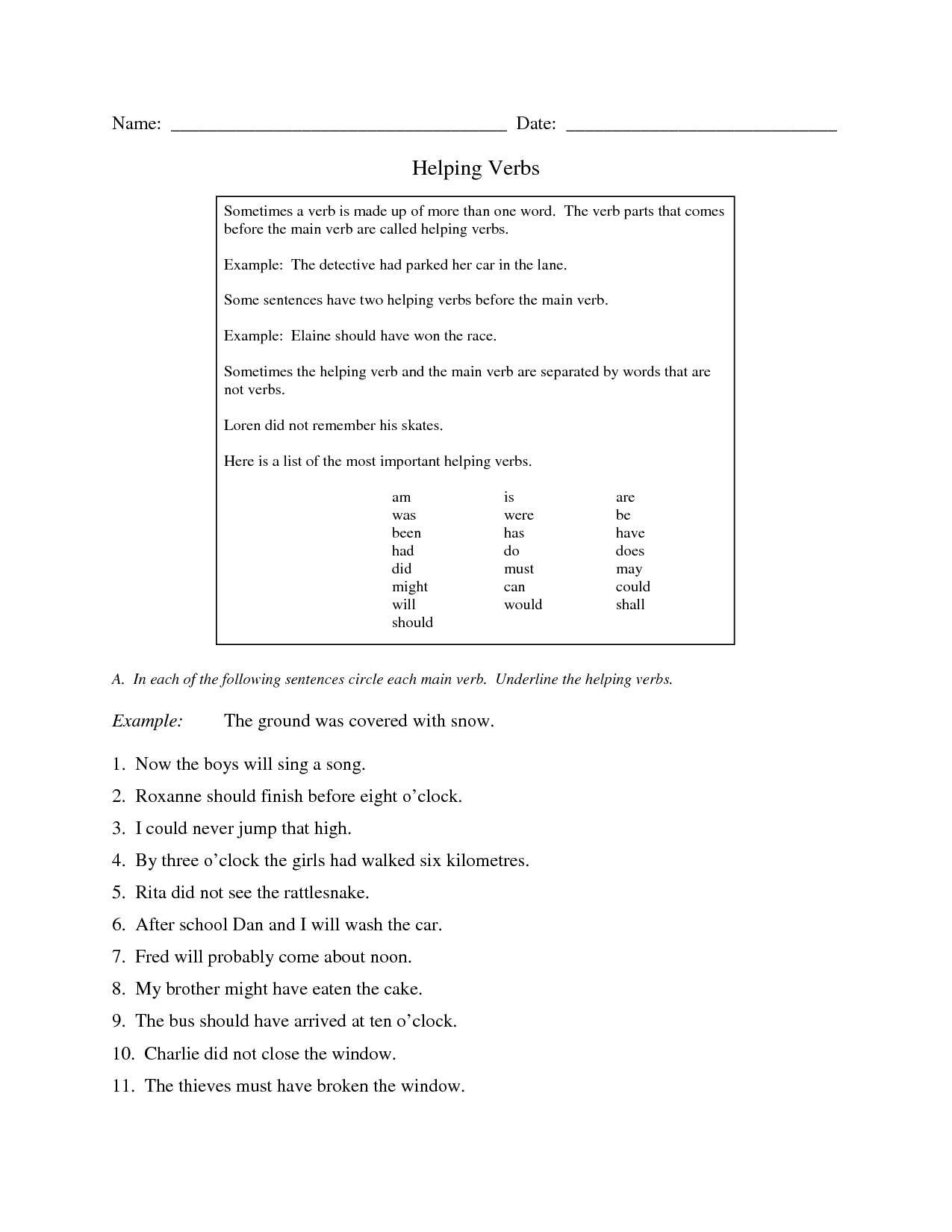 Main And Helping Verbs Worksheets 3rd Grade