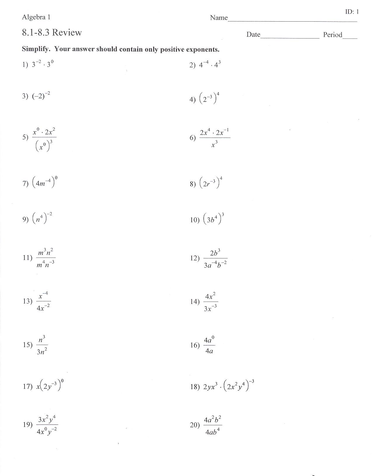 Exponents Product Rule Worksheet Answers