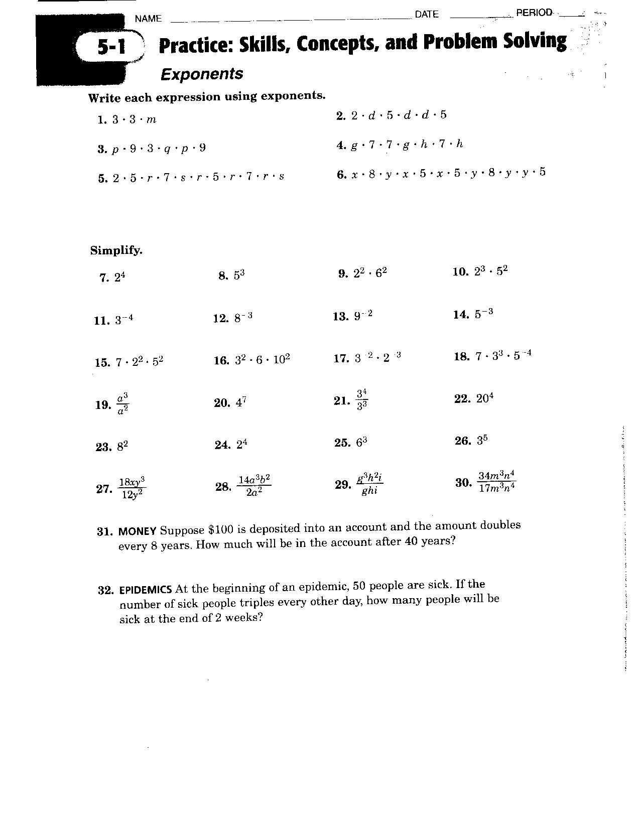 Exponents Power Of A Power Rule Worksheet Answers