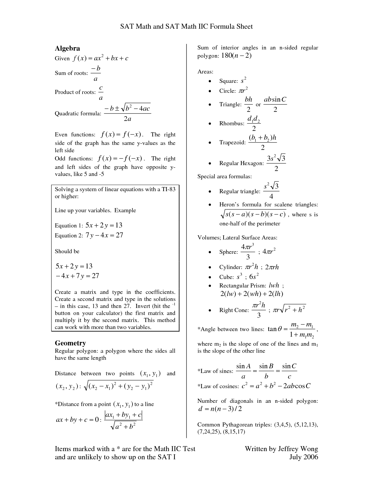 Sat Math Formula Sheet