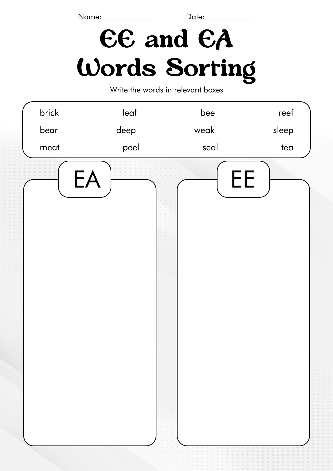 Vowel Digraph EE and EA Worksheets Image