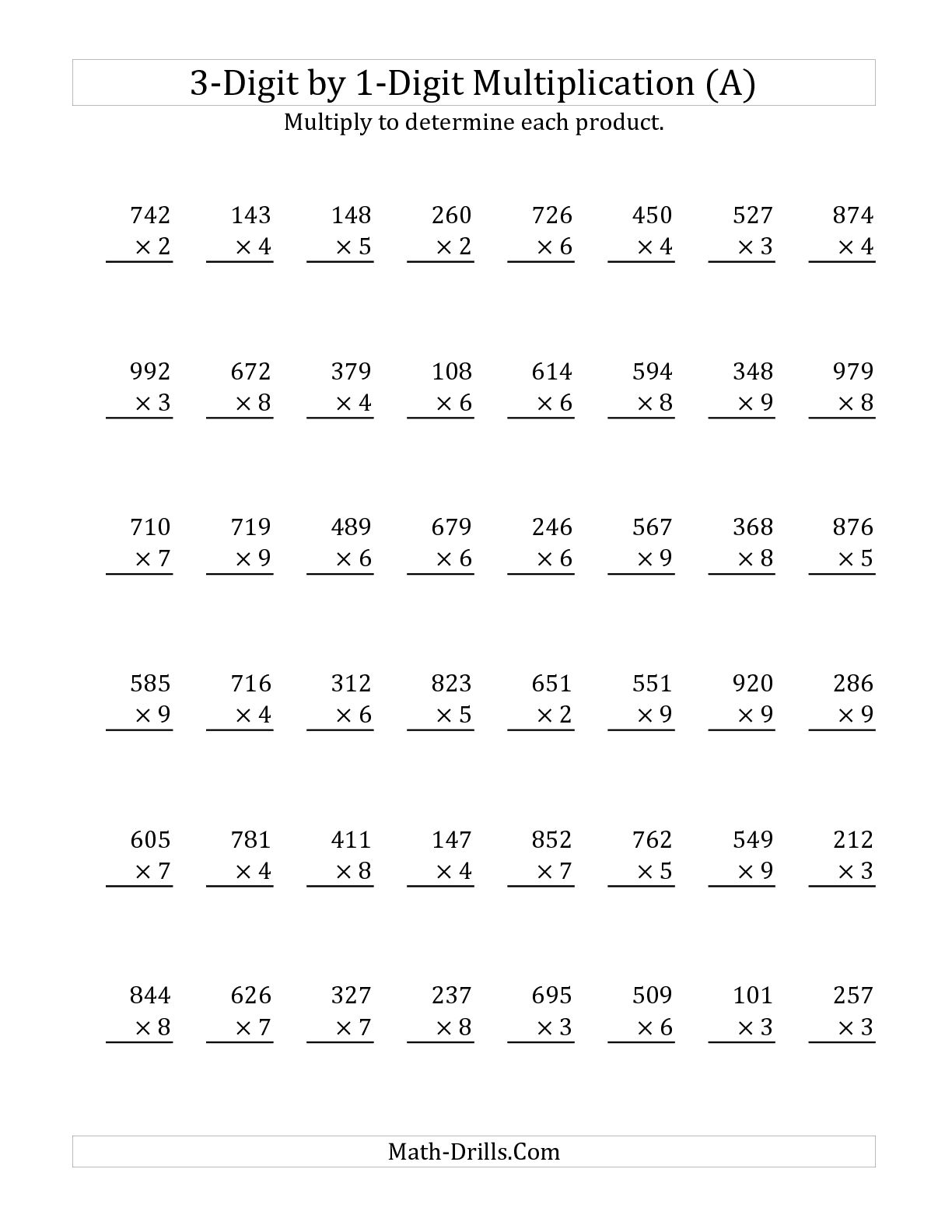 2-Digit by 1 Digit Multiplication Worksheets Image