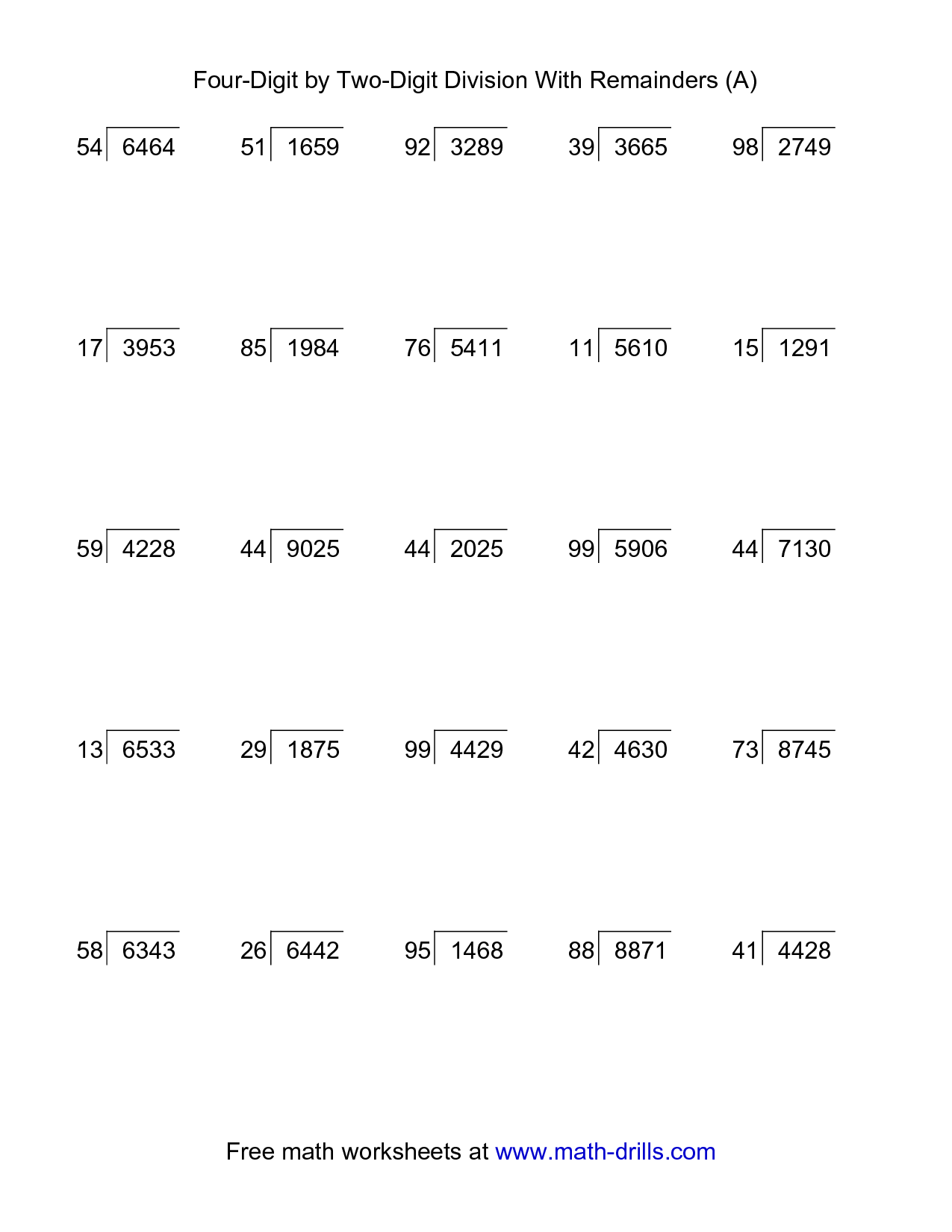 2-Digit Division with Remainders Worksheets Image