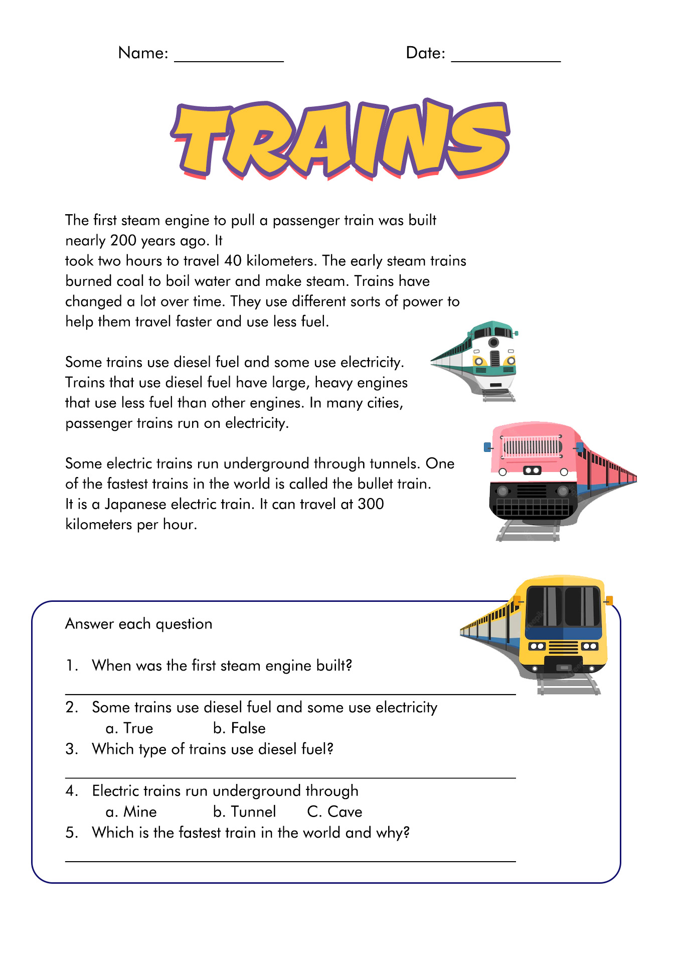 3rd Grade Reading Comprehension and Questions Worksheets