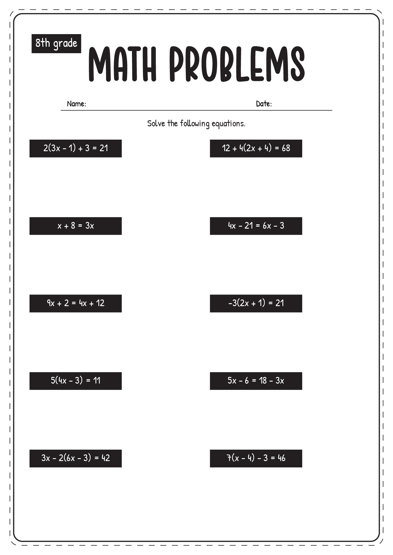 8th Grade Math Problems Worksheets