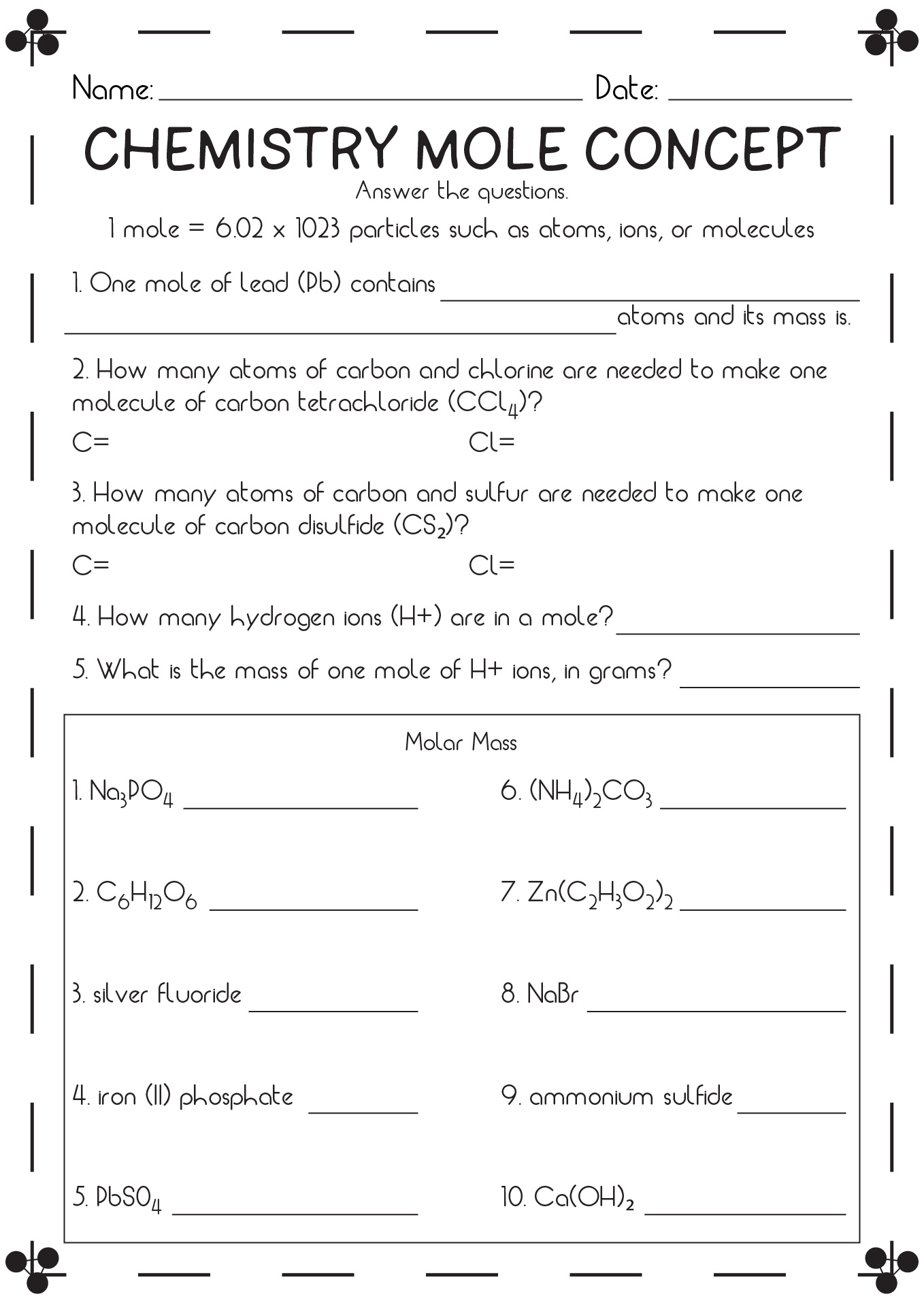 Chemistry Mole Concept Worksheet Answers